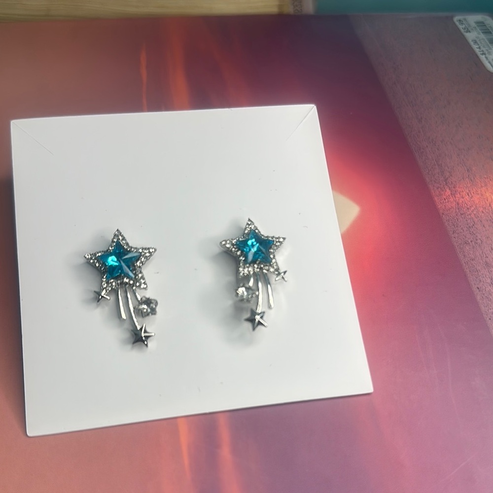 Silver Star Earrings with Blue Accents